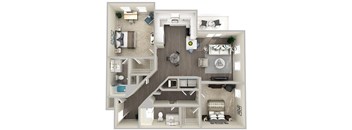A 3D floor plan of a house with multiple rooms and furniture.