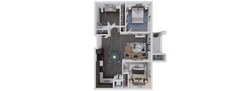 A 3D floor plan of a small apartment with a living room, kitchen, and bedroom.