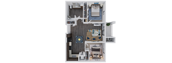 A 3D floor plan of a small apartment with a living room, kitchen, and bedroom.