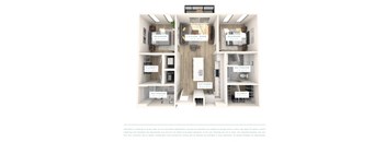 A floor plan of an apartment with four bedrooms, a living room, a kitchen, a bathroom, and two closets.