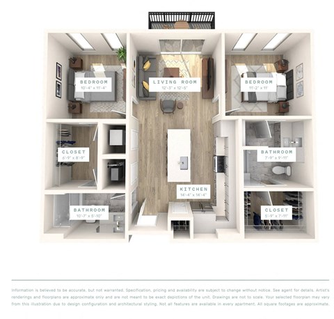 A floor plan of an apartment with four bedrooms, a living room, a kitchen, a bathroom, and two closets.
