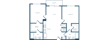 A floor plan of a house with two bedrooms, a living room, a kitchen, a bath, a pantry, and two walk-in closets.
