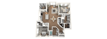 A 3D floor plan of a house with a kitchen, living room, and bedrooms.