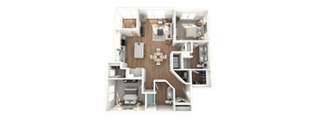 A 3D floor plan of a house with a central open space and rooms surrounding it.