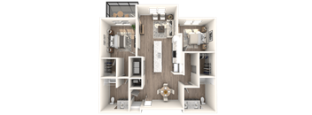 A 3D floor plan of a house with a kitchen, living room, and bathroom.