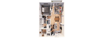 A top-down view of a small apartment with a living room, kitchen, and bedroom.