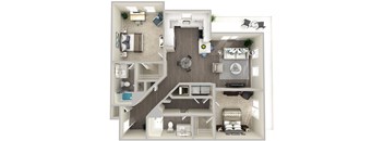 A detailed 3D floor plan of a two-bedroom apartment.