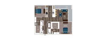 A floor plan of a house with two bedrooms, a living room, a kitchen, a dining room, and a bathroom.