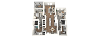 A 3D floor plan of a house with a central hallway and rooms surrounding it.