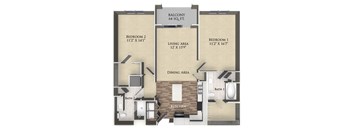 A floor plan of a condo showing three bedrooms, a living area, a dining area, a kitchen, and two bathrooms.