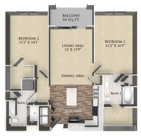 A floor plan of a condo showing three bedrooms, a living area, a dining area, a kitchen, and two bathrooms.