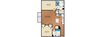 A floor plan of a home with a living room, kitchen, and two bedrooms.