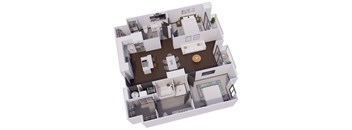 A 3D floor plan of a house showing the layout of the rooms.