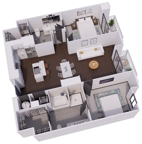 A 3D floor plan of a house showing the layout of the rooms.