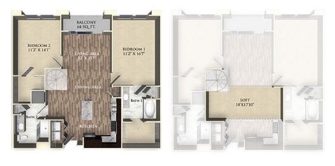 A floor plan of a house with two bedrooms and two bathrooms.