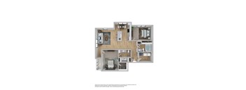 A floor plan of a furnished apartment with a living room, kitchen, and bathroom.