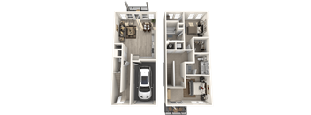 a rendering of a 3d floor plan with a white car in