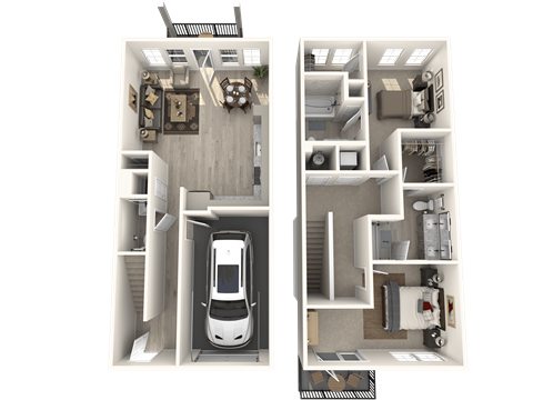 a rendering of a 3d floor plan with a white car in