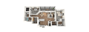 A 3D rendered image of a house layout.