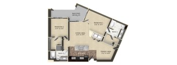 A floor plan of a home with a living area, two bedrooms, a balcony, a kitchen, a dining area, and two bathrooms.