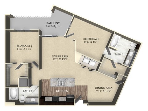 A floor plan of a home with a living area, two bedrooms, a balcony, a kitchen, a dining area, and two bathrooms.