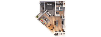 A top-down view of a small apartment with a kitchen, living room, and bedroom.