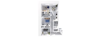 A white dollhouse with furniture and decorations.