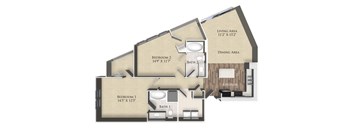 A floor plan of a house with two bedrooms, two bathrooms, a dining area, and a kitchen.