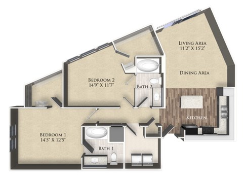 A floor plan of a house with two bedrooms, two bathrooms, a dining area, and a kitchen.