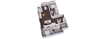 A 3D floor plan of a house with a kitchen, living room, and bathroom.