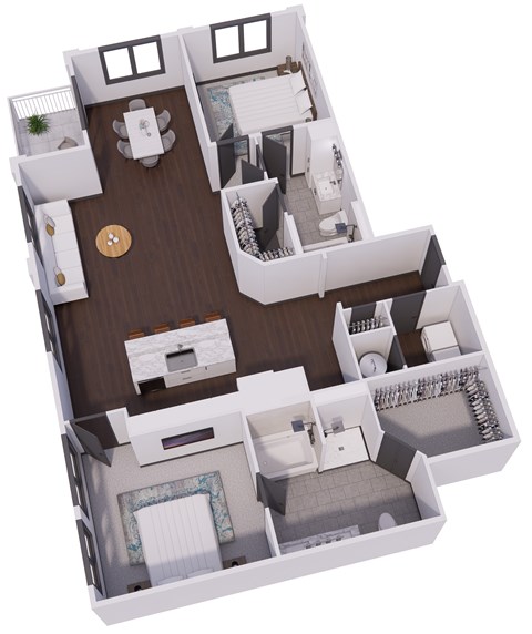 A 3D floor plan of a house with a kitchen, living room, and bathroom.