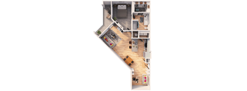 A top down view of a small apartment with a kitchen, living room, and bedroom.