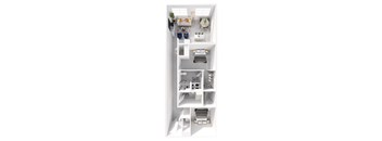 A white floor plan of a house with a kitchen, living room, and bathroom.