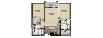 A floor plan of a balcony apartment with two bedrooms, a living area, a kitchen, a dining area, and two bathrooms.