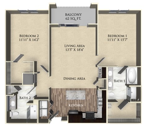 A floor plan of a balcony apartment with two bedrooms, a living area, a kitchen, a dining area, and two bathrooms.
