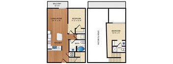 A floor plan of a two bedroom apartment with a balcony.