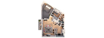 A top-down view of a small apartment layout with a kitchen, living room, and bedroom.