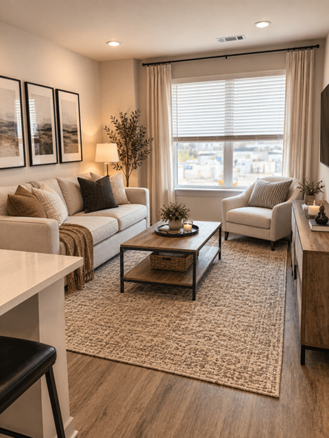 A living room with a couch, chair, and a table with a plant on it.