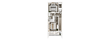 A floor plan of a small apartment with a bedroom, living room, and bathroom.