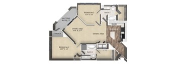 A floor plan of a house with two bedrooms, a living area, a dining area, a kitchen, a bathroom, and a balcony.