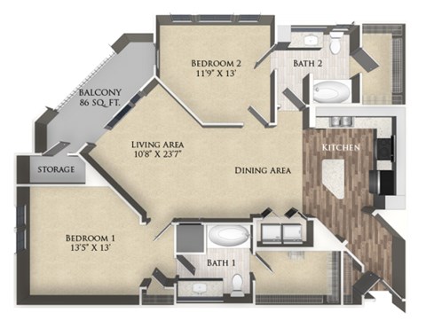 A floor plan of a house with two bedrooms, a living area, a dining area, a kitchen, a bathroom, and a balcony.