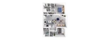 A top-down view of a small, well-organized apartment with a kitchen, living room, and bathroom.