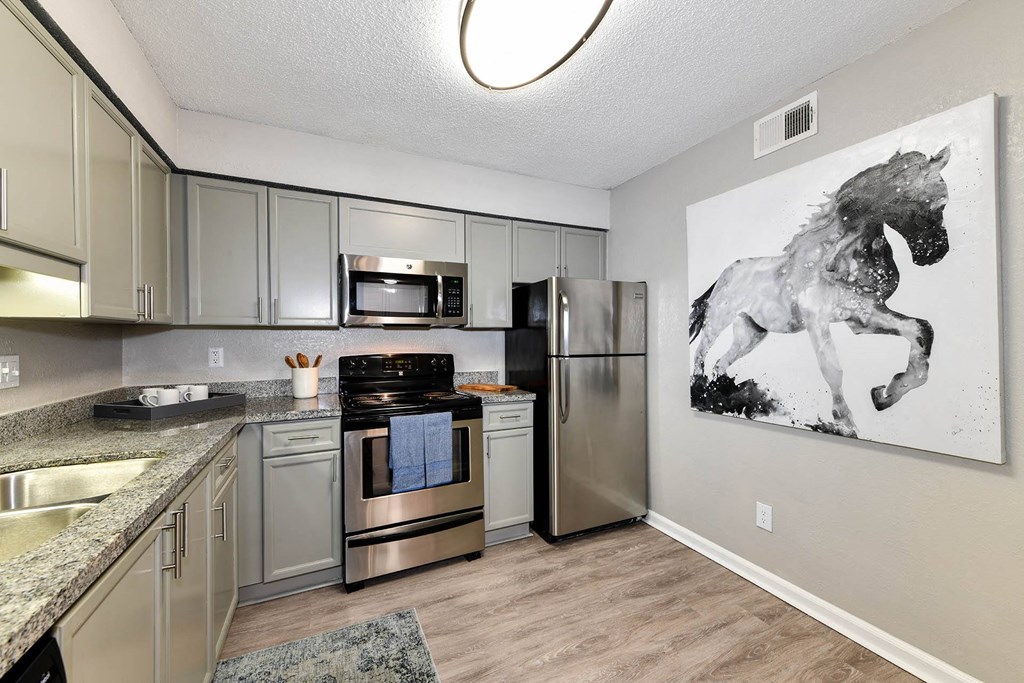 a kitchen with stainless steel appliances and a painting of a horse on the wall  at District at Vinings, Georgia