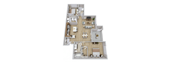 A top-down view of a modern apartment layout.