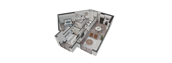 A 3D rendered image of a modern house interior.