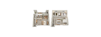 Two floor plan images of a house with a living room, kitchen, and bedrooms.