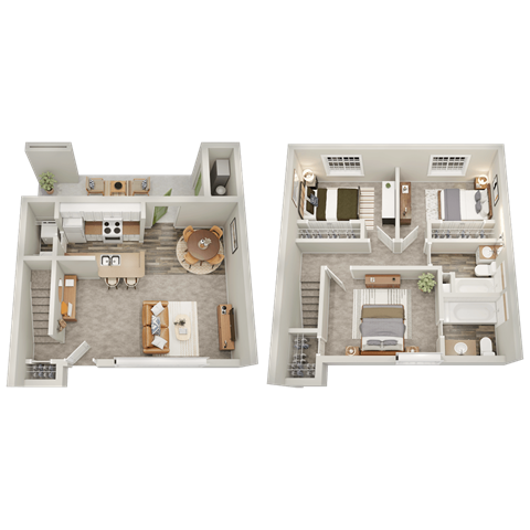 Two floor plan images of a house with a living room, kitchen, and bedrooms.