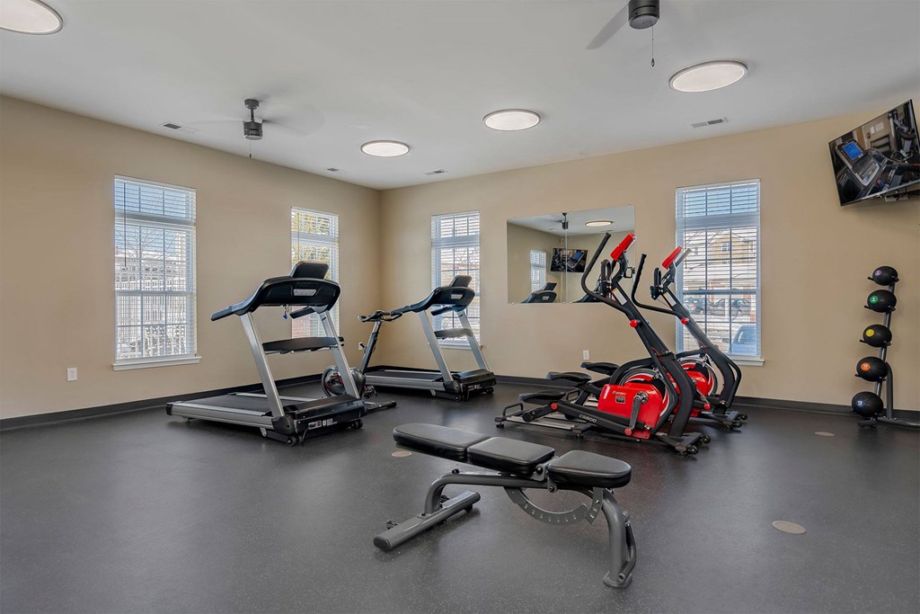 A spacious gym with treadmills, elliptical machines, and a ceiling fan.