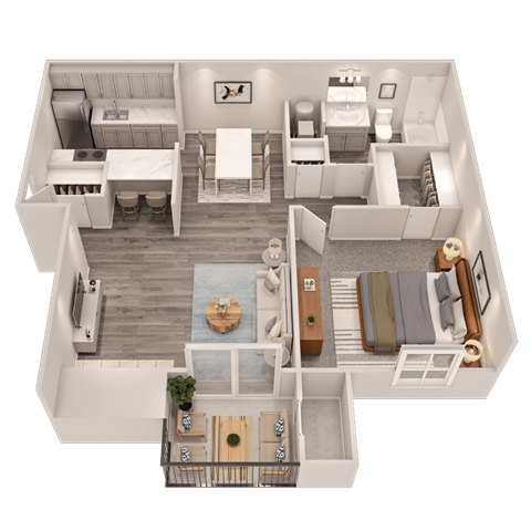 A 3D floor plan of a small apartment with a kitchen, living room, and bedroom.