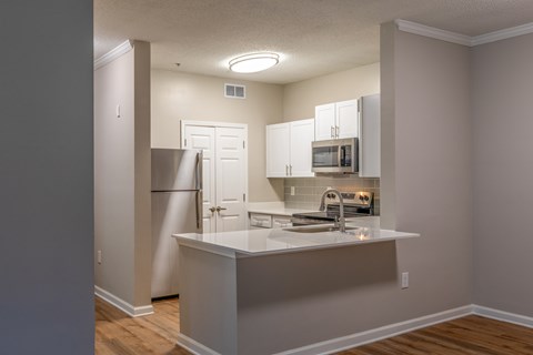 A kitchen with a white countertop and a refrigerator.